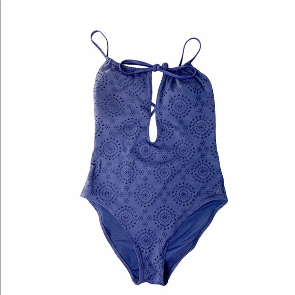 AERIE Navy Eyelet Cutwork One Piece Deep V-neck Halter Swimsuit - Picture 1 of 5